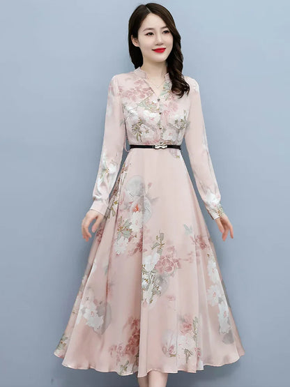 Elegante Lange Mouw Maxi Jurk van Satijn voor Dames