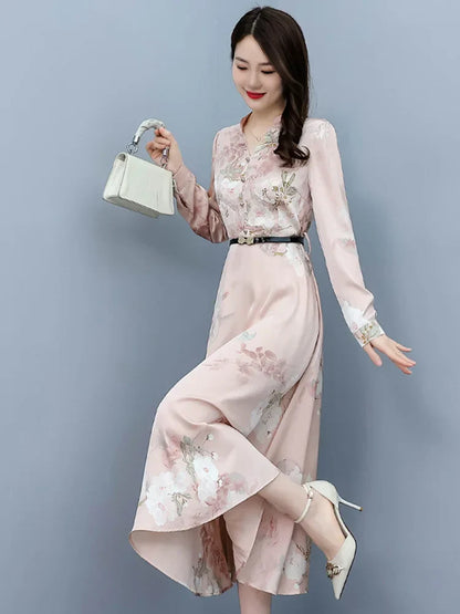 Elegante Lange Mouw Maxi Jurk van Satijn voor Dames