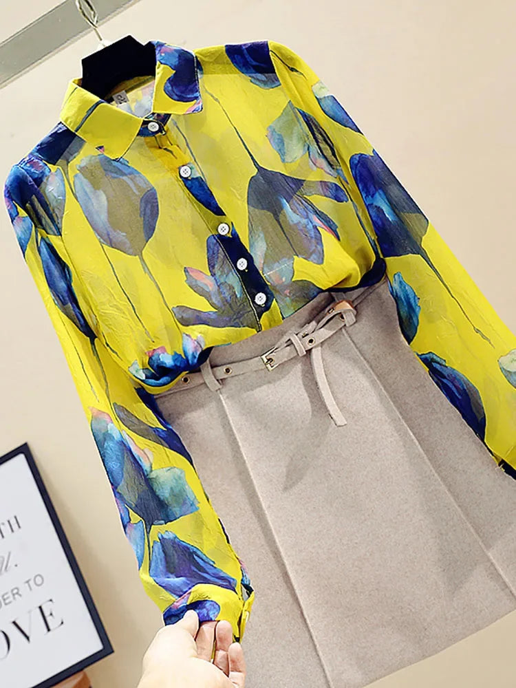 Vrouwelijke Blouse Lange Mouwen Retro Stijl Chiffon