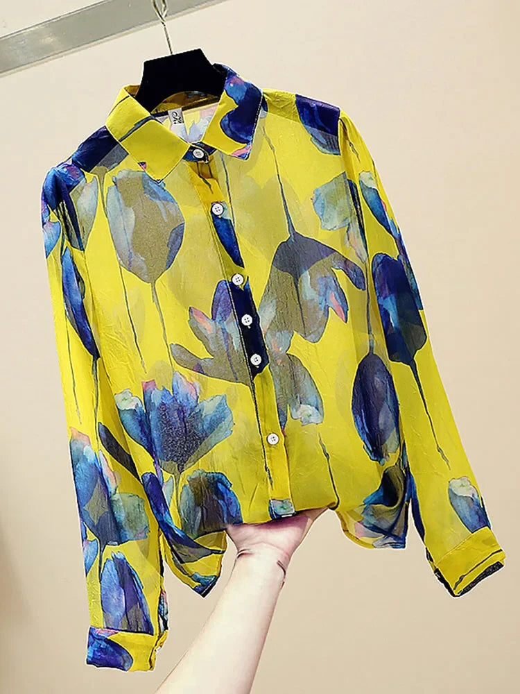 Vrouwelijke Blouse Lange Mouwen Retro Stijl Chiffon