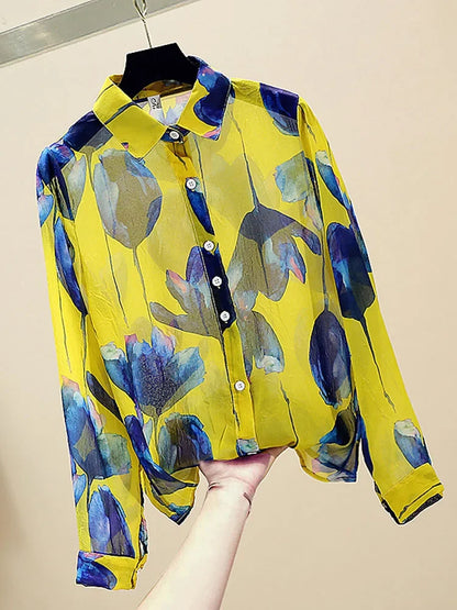 Vrouwelijke Blouse Lange Mouwen Retro Stijl Chiffon
