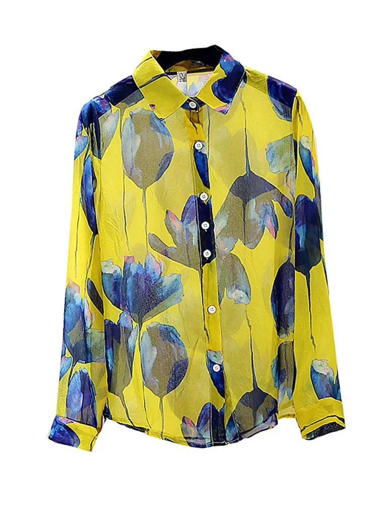 Vrouwelijke Blouse Lange Mouwen Retro Stijl Chiffon
