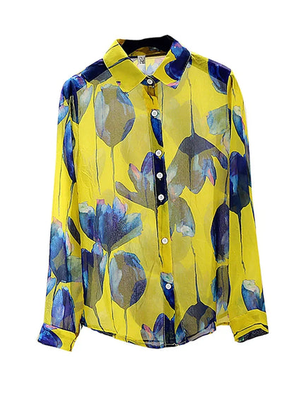 Vrouwelijke Blouse Lange Mouwen Retro Stijl Chiffon
