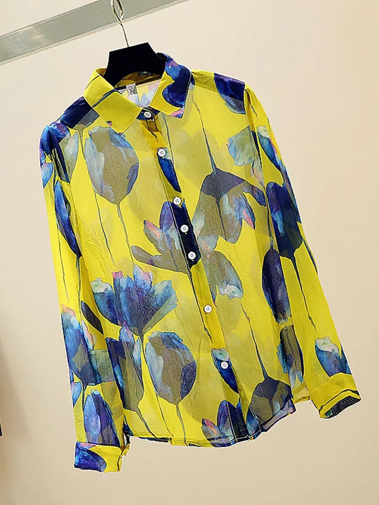 Vrouwelijke Blouse Lange Mouwen Retro Stijl Chiffon