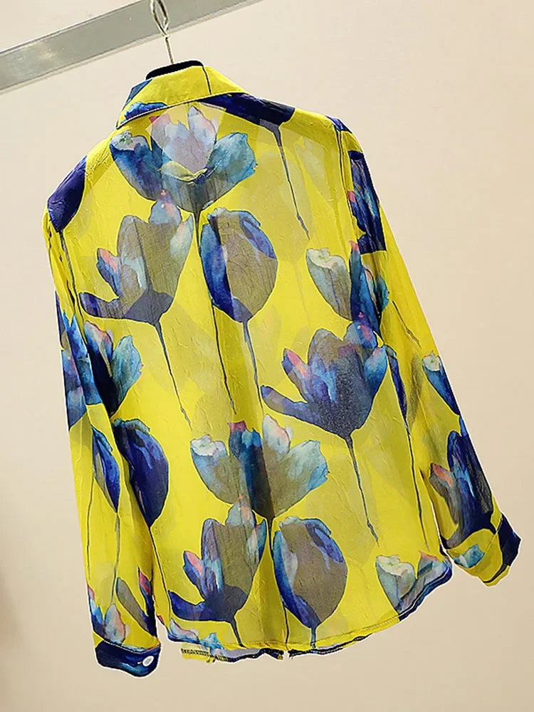 Vrouwelijke Blouse Lange Mouwen Retro Stijl Chiffon