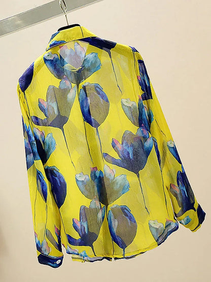 Vrouwelijke Blouse Lange Mouwen Retro Stijl Chiffon