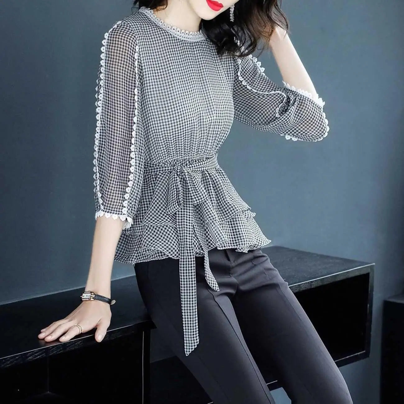 Vrouwelijke Geruite Blouse met 3/4 Mouwen voor Zomer