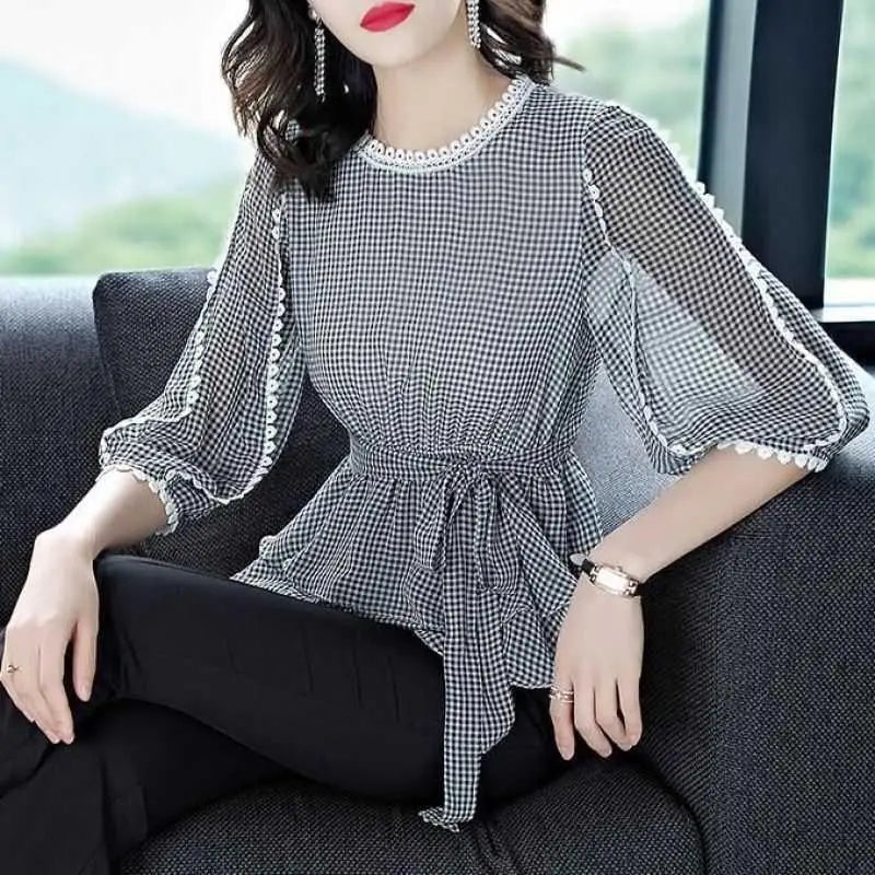 Vrouwelijke Geruite Blouse met 3/4 Mouwen voor Zomer