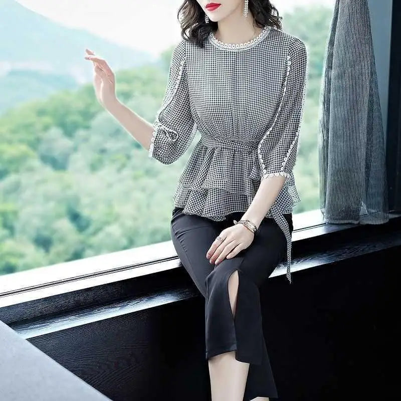 Vrouwelijke Geruite Blouse met 3/4 Mouwen voor Zomer