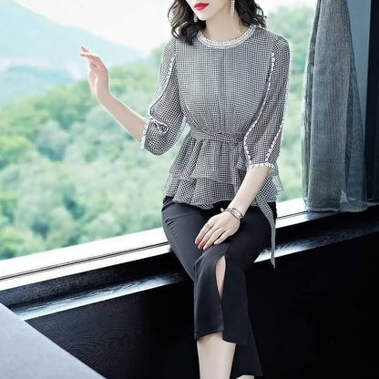 Vrouwelijke Geruite Blouse met 3/4 Mouwen voor Zomer