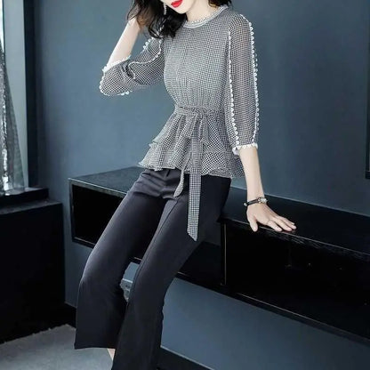 Vrouwelijke Geruite Blouse met 3/4 Mouwen voor Zomer