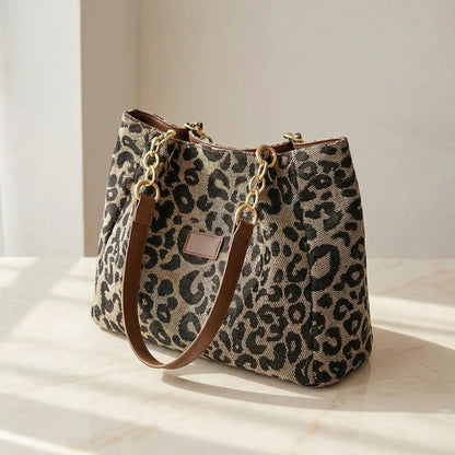 Canvas Draagtas met Luipaardprint en Gouden Kettinghengsels 33 × 28 × 10 cm Shopper Tote Bag Kunstleder Schoudertas