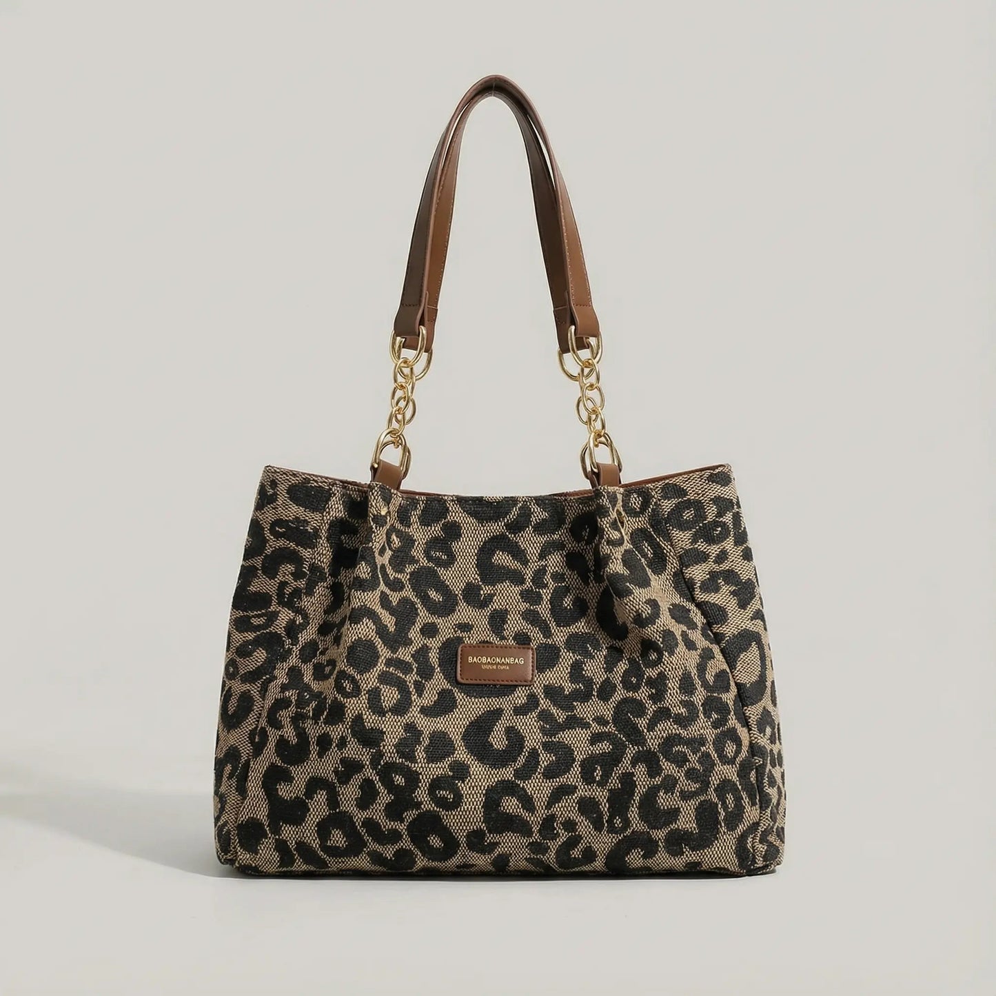 Canvas Draagtas met Luipaardprint en Gouden Kettinghengsels 33 × 28 × 10 cm Shopper Tote Bag Kunstleder Schoudertas