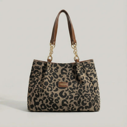 Canvas Draagtas met Luipaardprint en Gouden Kettinghengsels 33 × 28 × 10 cm Shopper Tote Bag Kunstleder Schoudertas