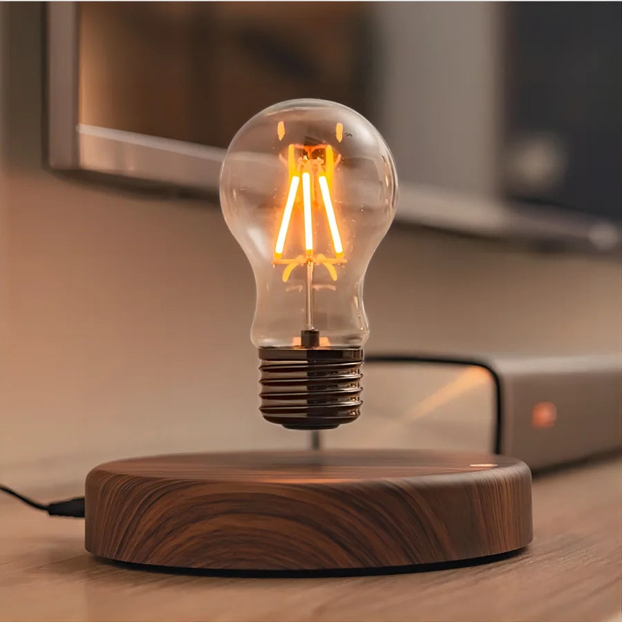Magnetische Zwevende LED-Lamp met Walnoot Voet – Moderne Tafellamp voor Woonkamer