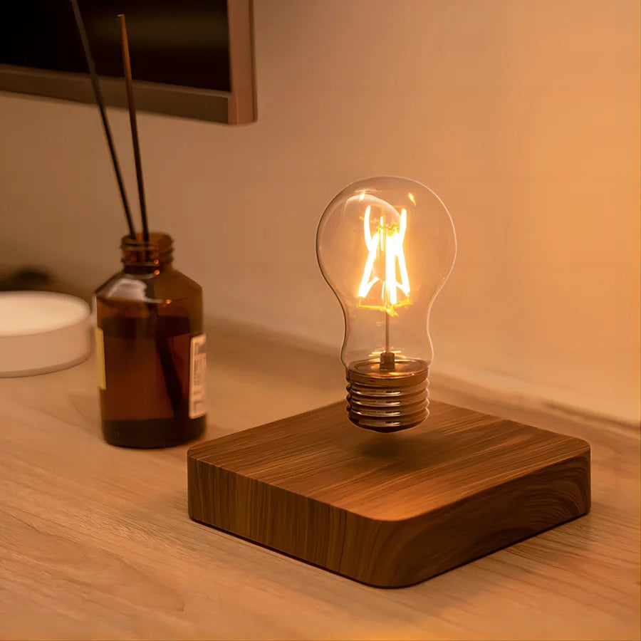 Magnetische Zwevende LED-Lamp met Walnoot Voet – Moderne Tafellamp voor Woonkamer
