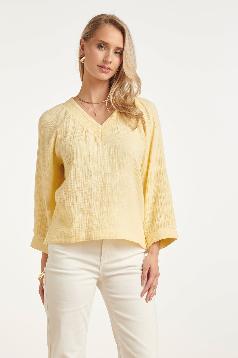 Lichtgele V-Hals Blouse Dames | Mousseline Tops Dames 1