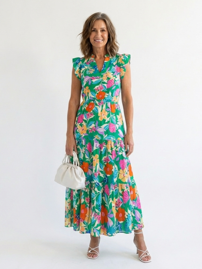 Lila Jurk voor Vrouwen met Bloemenprint en Gelaagde Rok - StudioMarella