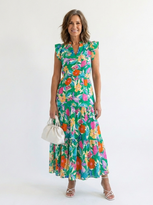 Lila Jurk voor Vrouwen met Bloemenprint en Gelaagde Rok - StudioMarella