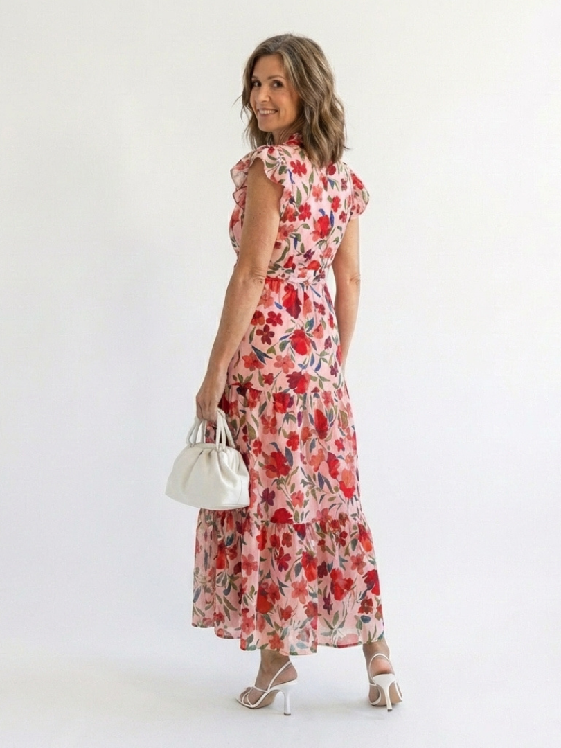 Lila Midi-jurk voor Vrouwen | Gelaagd Ontwerp met Bloemenprint 7