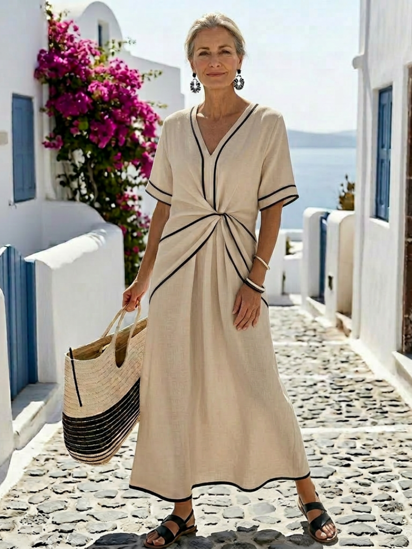 Lina Dames Jurk | V-hals, Geplooide Taille, Lichtgewicht Midi Jurk 3