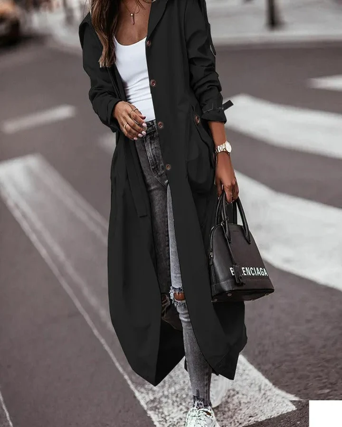 Dames Trenchcoat Zwart Waterdicht Met Capuchon Lange Regenjas - StudioMarella