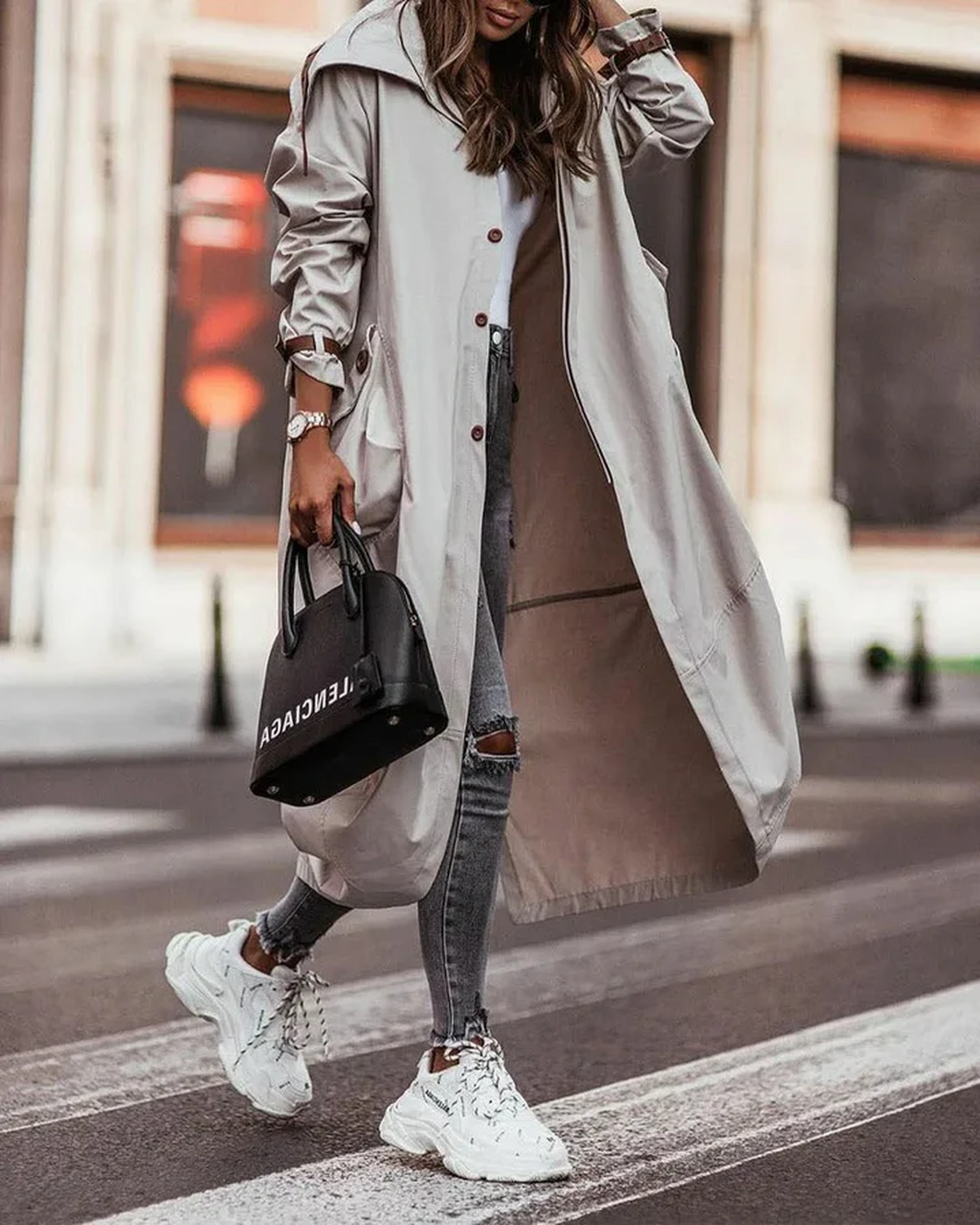 Dames Trenchcoat Zwart Waterdicht Met Capuchon Lange Regenjas