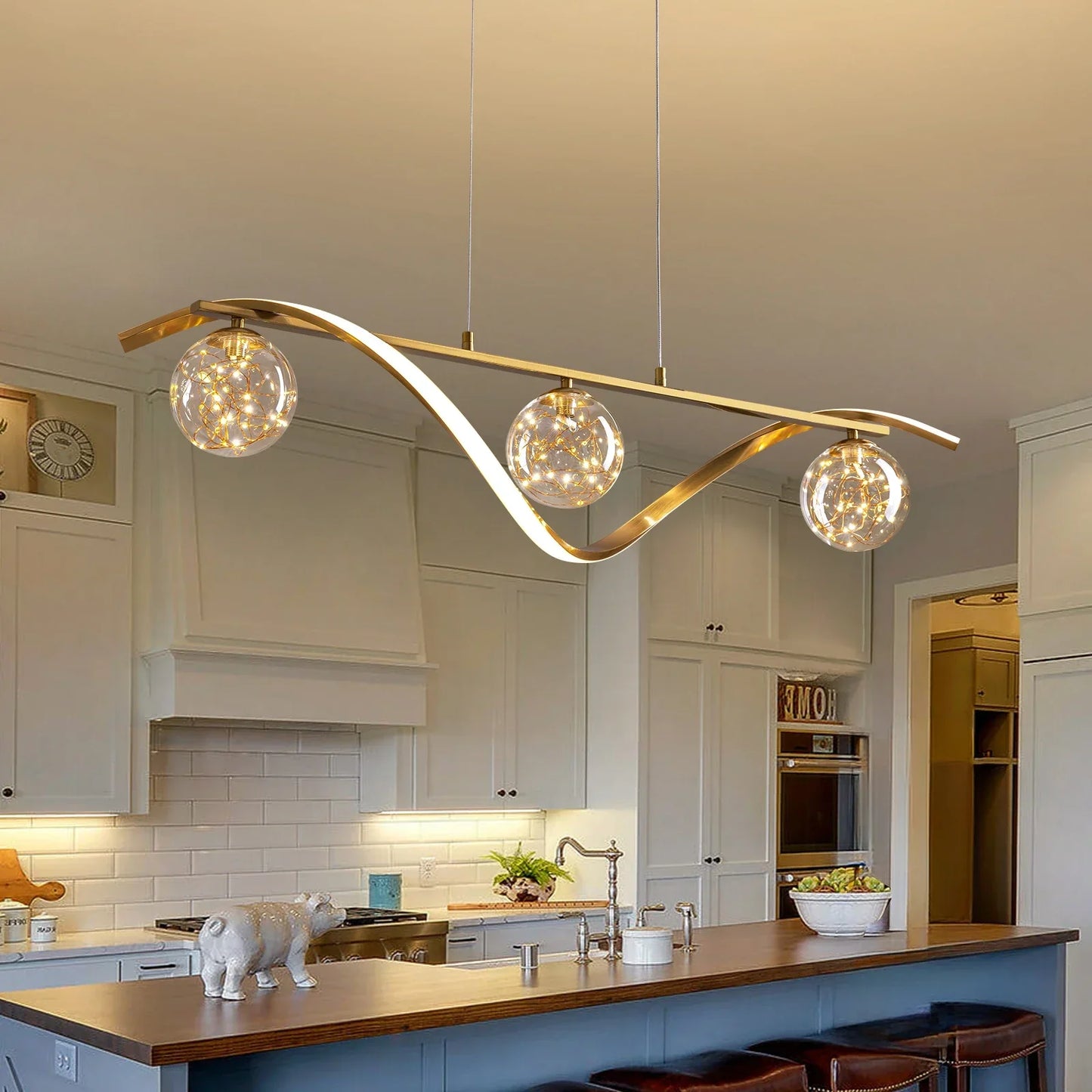 Hanglamp Lineair Glazen Bollen LED Strip Goud Chroom 100cm Eetkamer Keukeneiland Modern