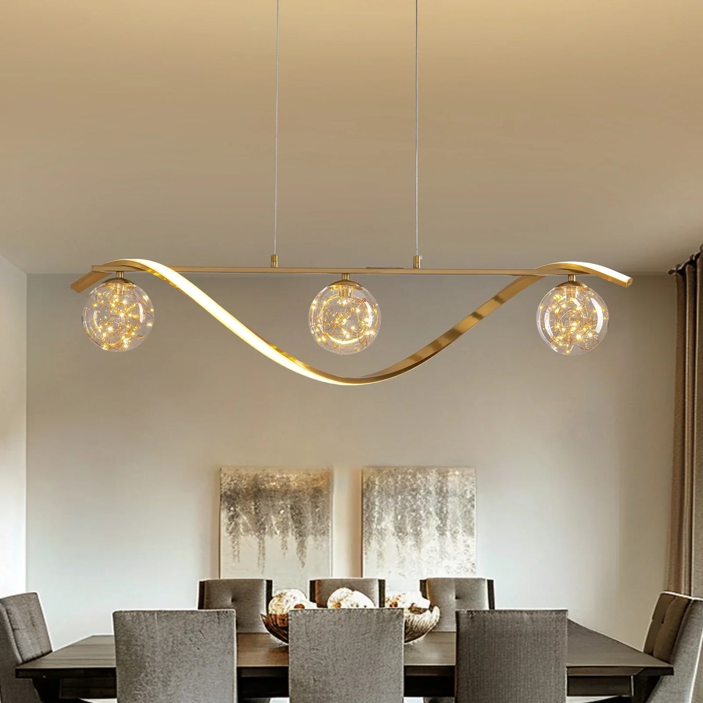 Hanglamp Lineair Glazen Bollen LED Strip Goud Chroom 100cm Eetkamer Keukeneiland Modern