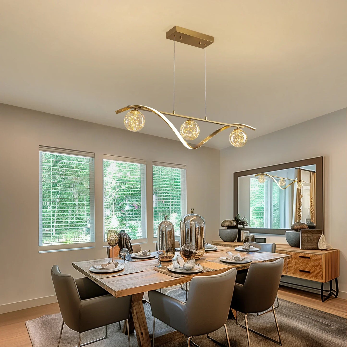 Hanglamp Lineair Glazen Bollen LED Strip Goud Chroom 100cm Eetkamer Keukeneiland Modern