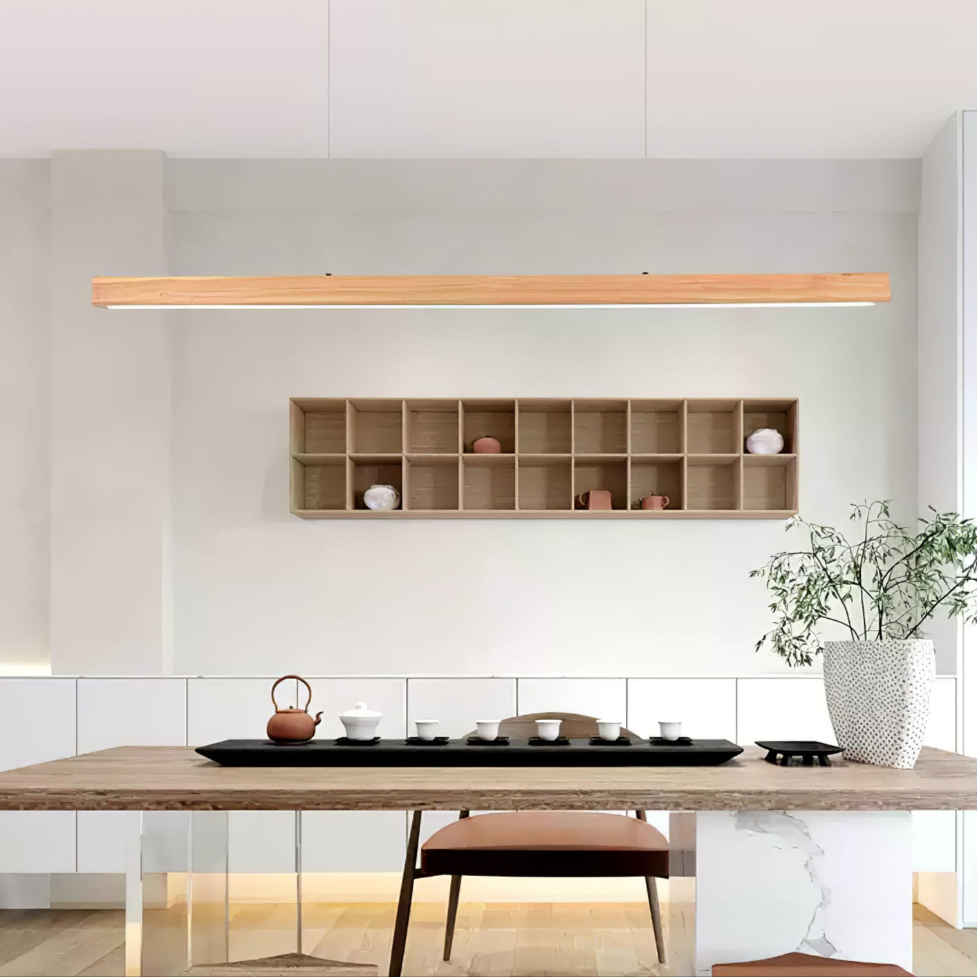 LED Hanglamp Hout Lineair Warm Licht Eettafel Kookeiland Minimalistisch Japandi Design Verstelbaar Snoer Balklamp