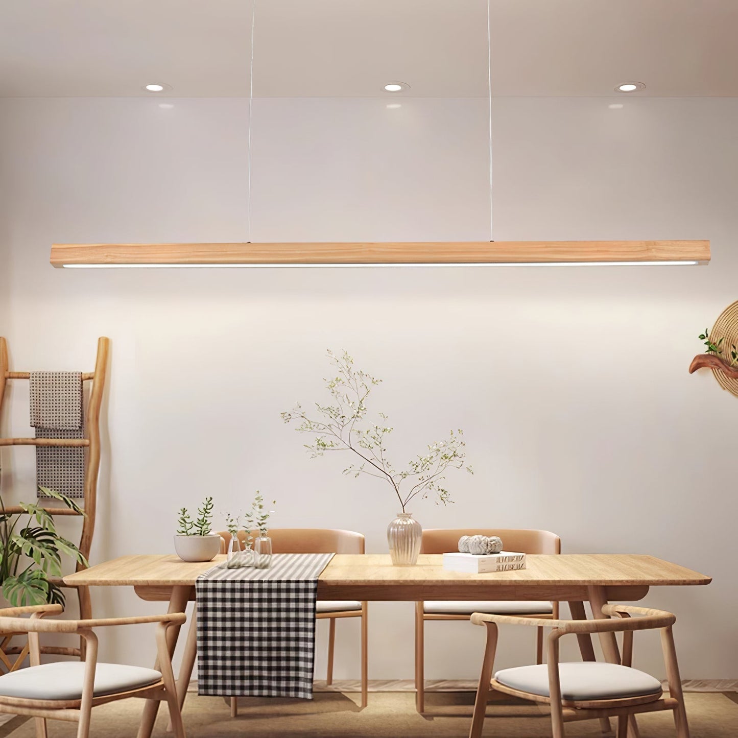 LED Hanglamp Hout Lineair Warm Licht Eettafel Kookeiland Minimalistisch Japandi Design Verstelbaar Snoer Balklamp