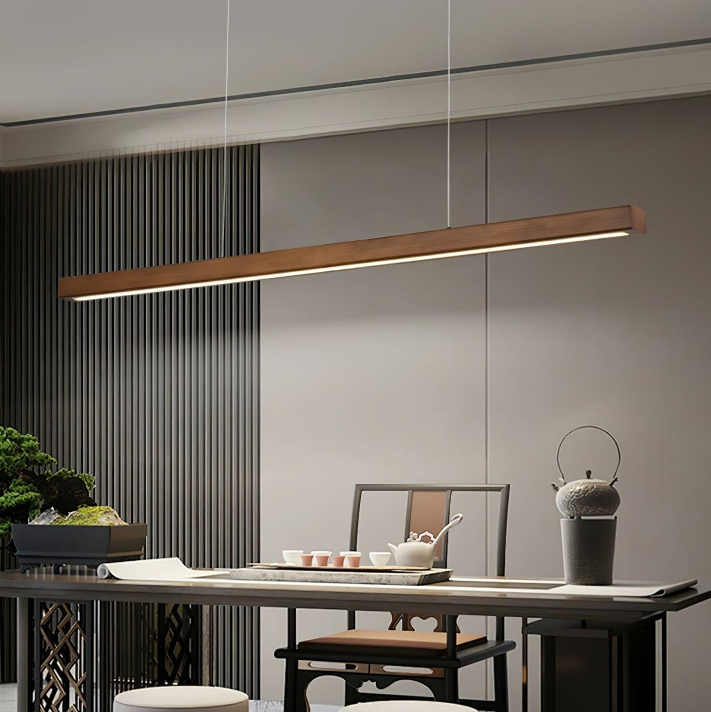LED Hanglamp Hout Lineair Warm Licht Eettafel Kookeiland Minimalistisch Japandi Design Verstelbaar Snoer Balklamp