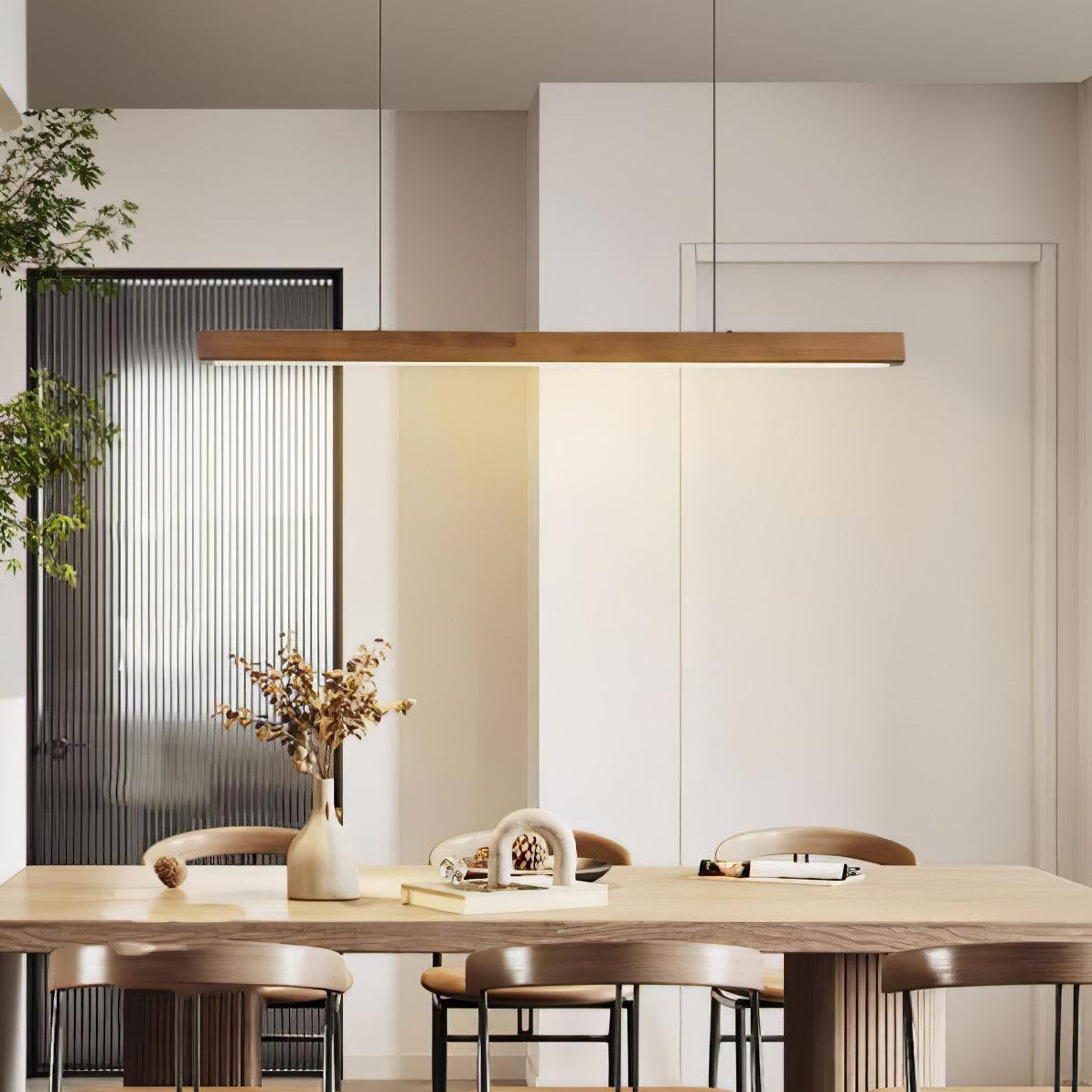 LED Hanglamp Hout Lineair Warm Licht Eettafel Kookeiland Minimalistisch Japandi Design Verstelbaar Snoer Balklamp