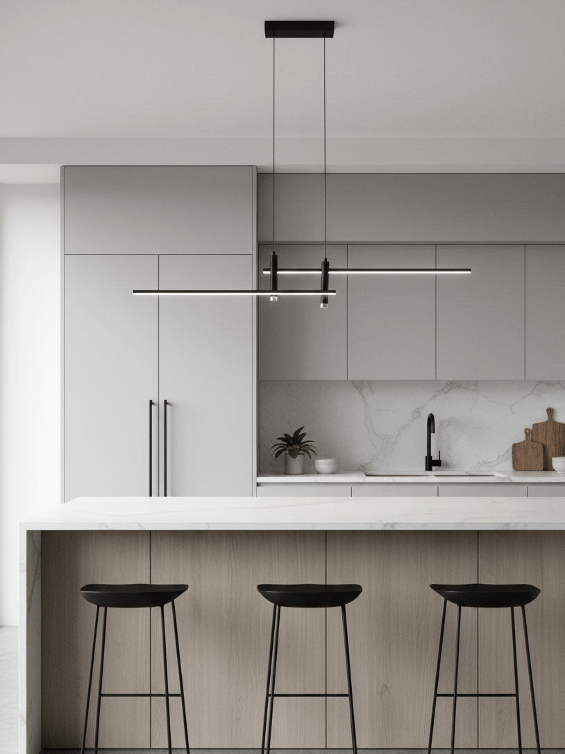 Lineaire hanglamp Links Island • 90/120/150cm • LED geïntegreerd • warm wit/neutraal/koel wit • dimbaar optie • zwart/goud • keuken-eiland boven tafel