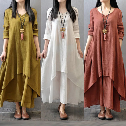 Linnen Maxi Jurk Zomerse Stijl Vrouwen Jurk Lange Mouw