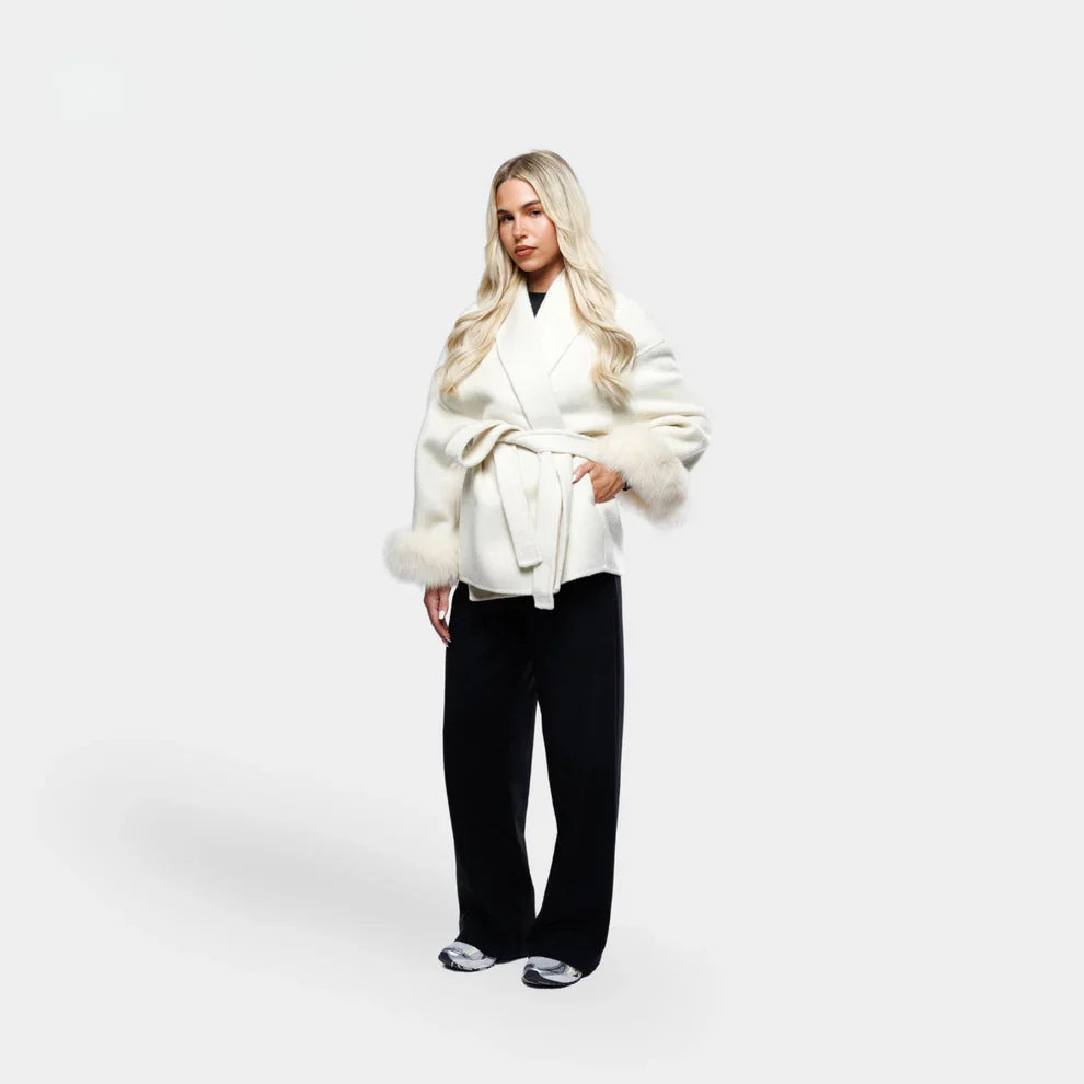 Dames Winterjas Met Strikceintuur en Mouwen Elegant Warm