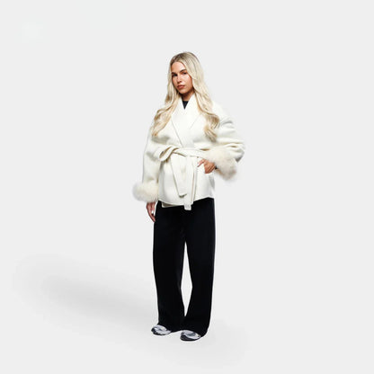 Dames Winterjas Met Strikceintuur en Mouwen Elegant Warm