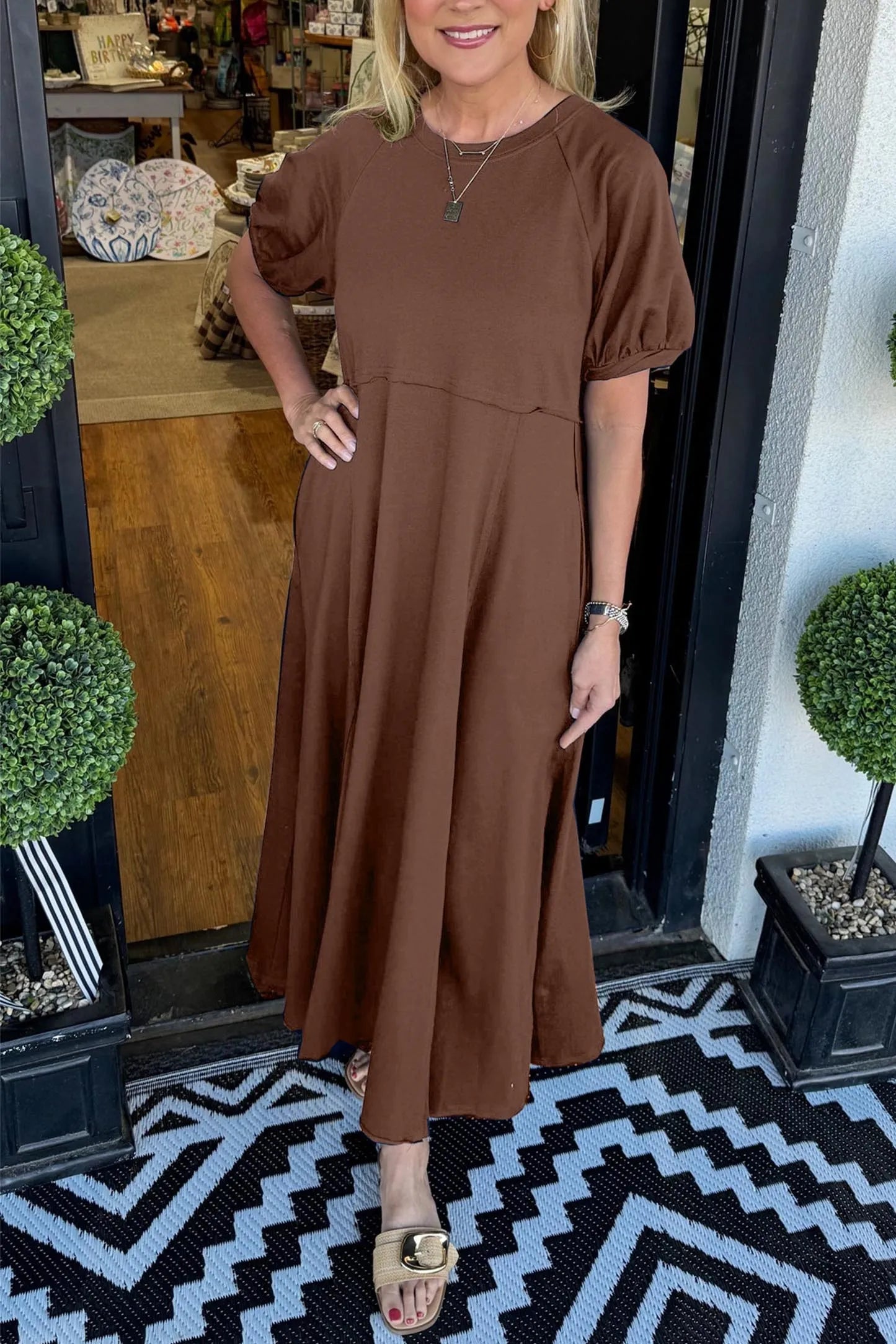 Livia | Elegante Maxi Jurk Dames met Ronde Hals en Pofmouwen 7