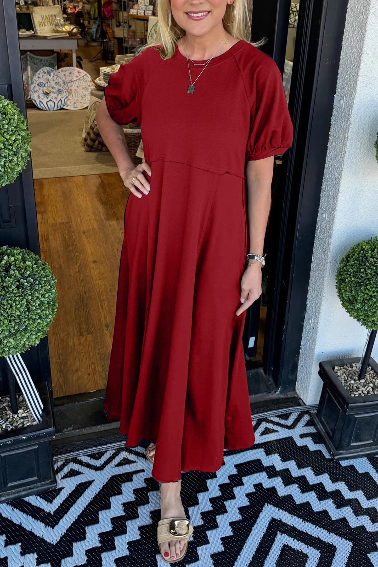 Livia | Elegante Maxi Jurk Dames met Ronde Hals en Pofmouwen 8