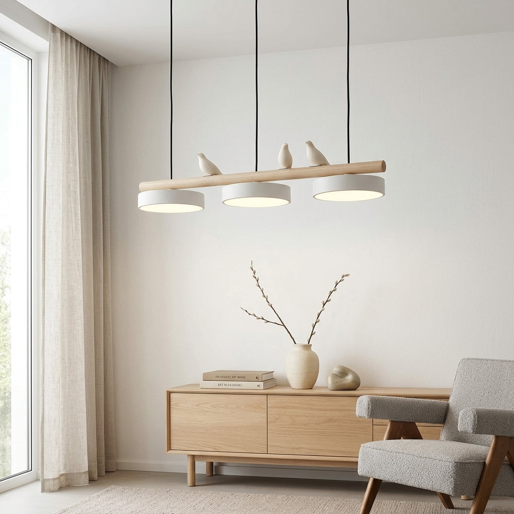 Hanglamp Hout Design Vogelvorm Drie Kappen Scandinavisch Keukeneiland