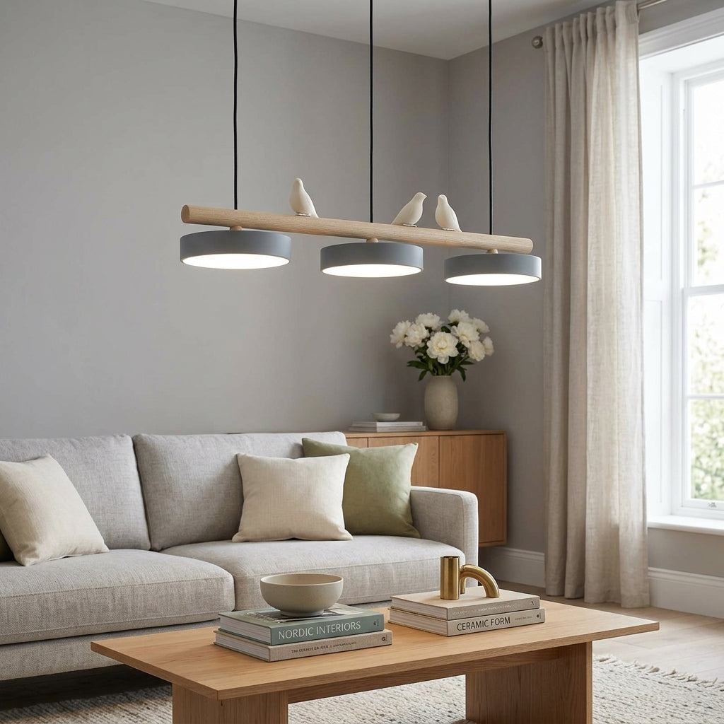 Hanglamp Hout Design Vogelvorm Drie Kappen Scandinavisch Keukeneiland