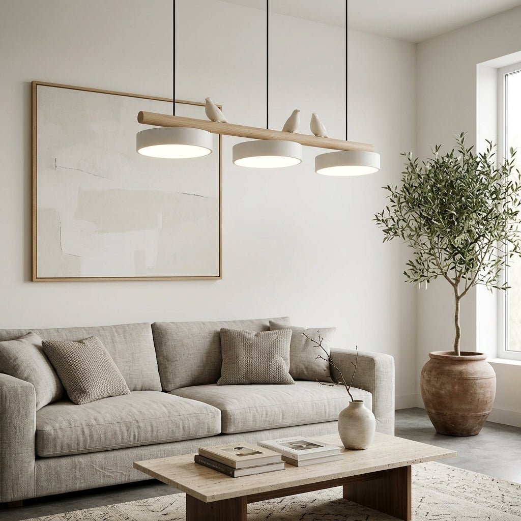 Hanglamp Hout Design Vogelvorm Drie Kappen Scandinavisch Keukeneiland
