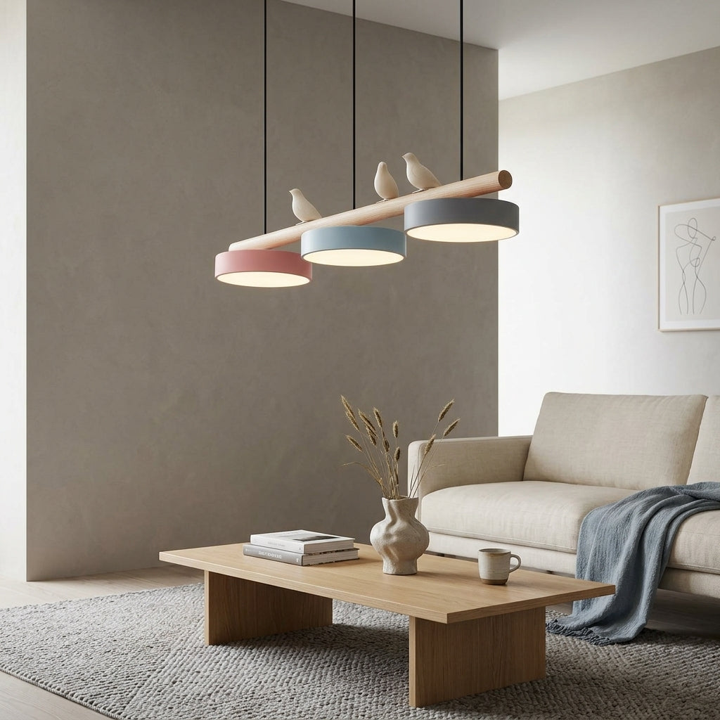 Hanglamp Hout Design Vogelvorm Drie Kappen Scandinavisch Keukeneiland