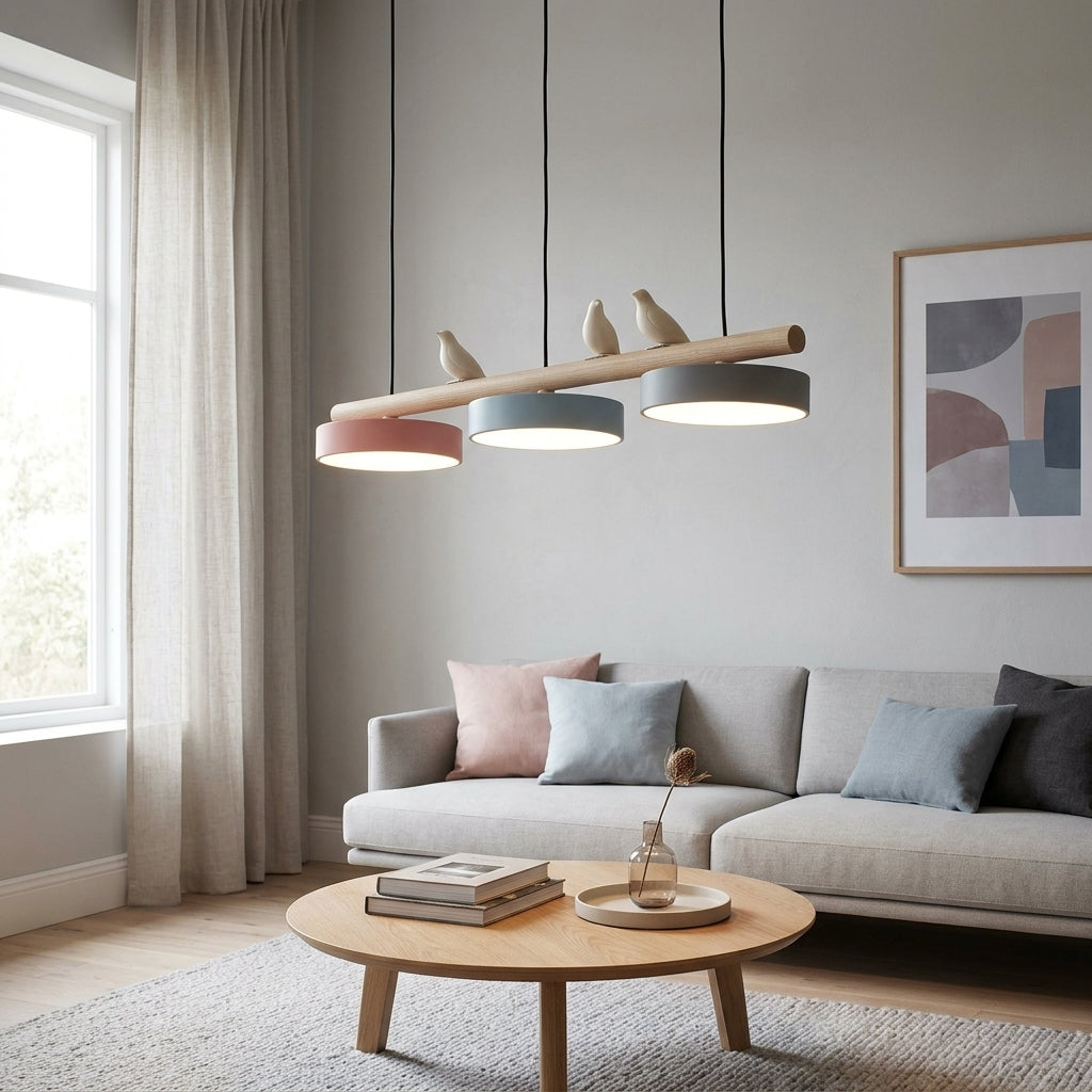 Hanglamp Hout Design Vogelvorm Drie Kappen Scandinavisch Keukeneiland