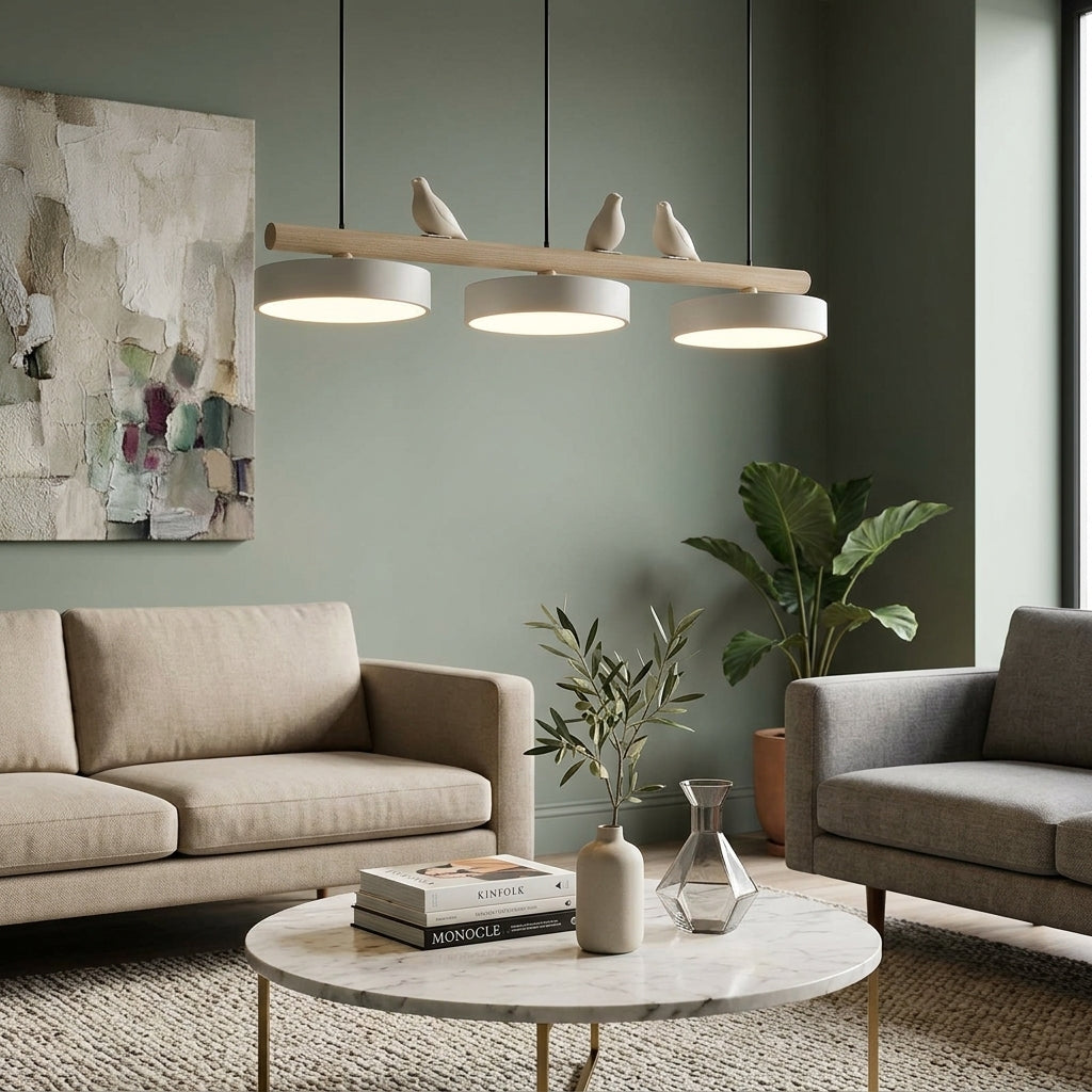 Hanglamp Hout Design Vogelvorm Drie Kappen Scandinavisch Keukeneiland