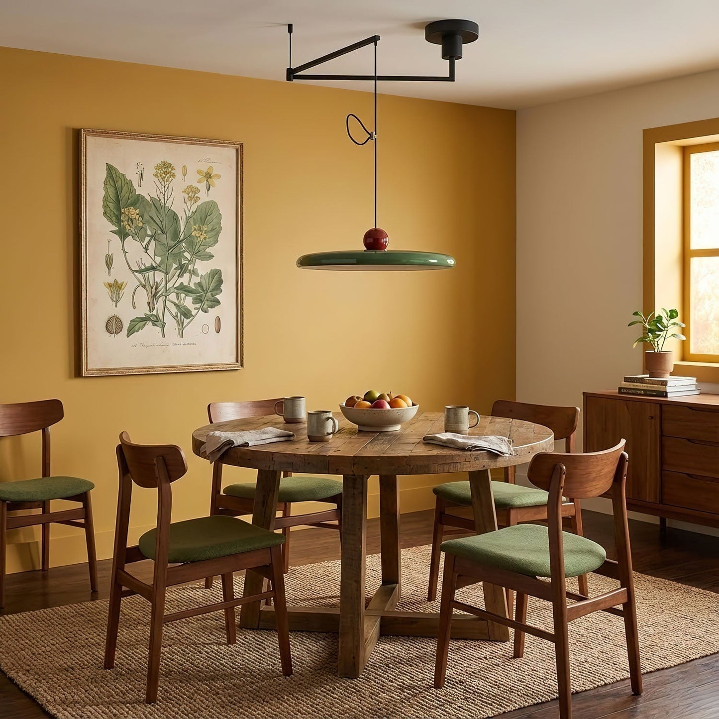 Mid-Century Swing Hanglamp — Kinetisch Design met Zwevende Schijf & Contragewicht | Verstelbare Armlamp voor Moderne Eetkamers en Creatieve Werkruimtes | Integrale LED