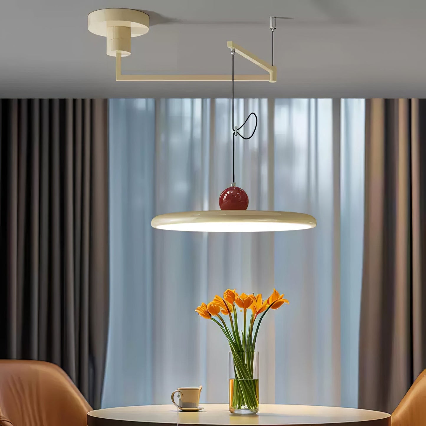 Mid-Century Swing Hanglamp — Kinetisch Design met Zwevende Schijf & Contragewicht | Verstelbare Armlamp voor Moderne Eetkamers en Creatieve Werkruimtes | Integrale LED