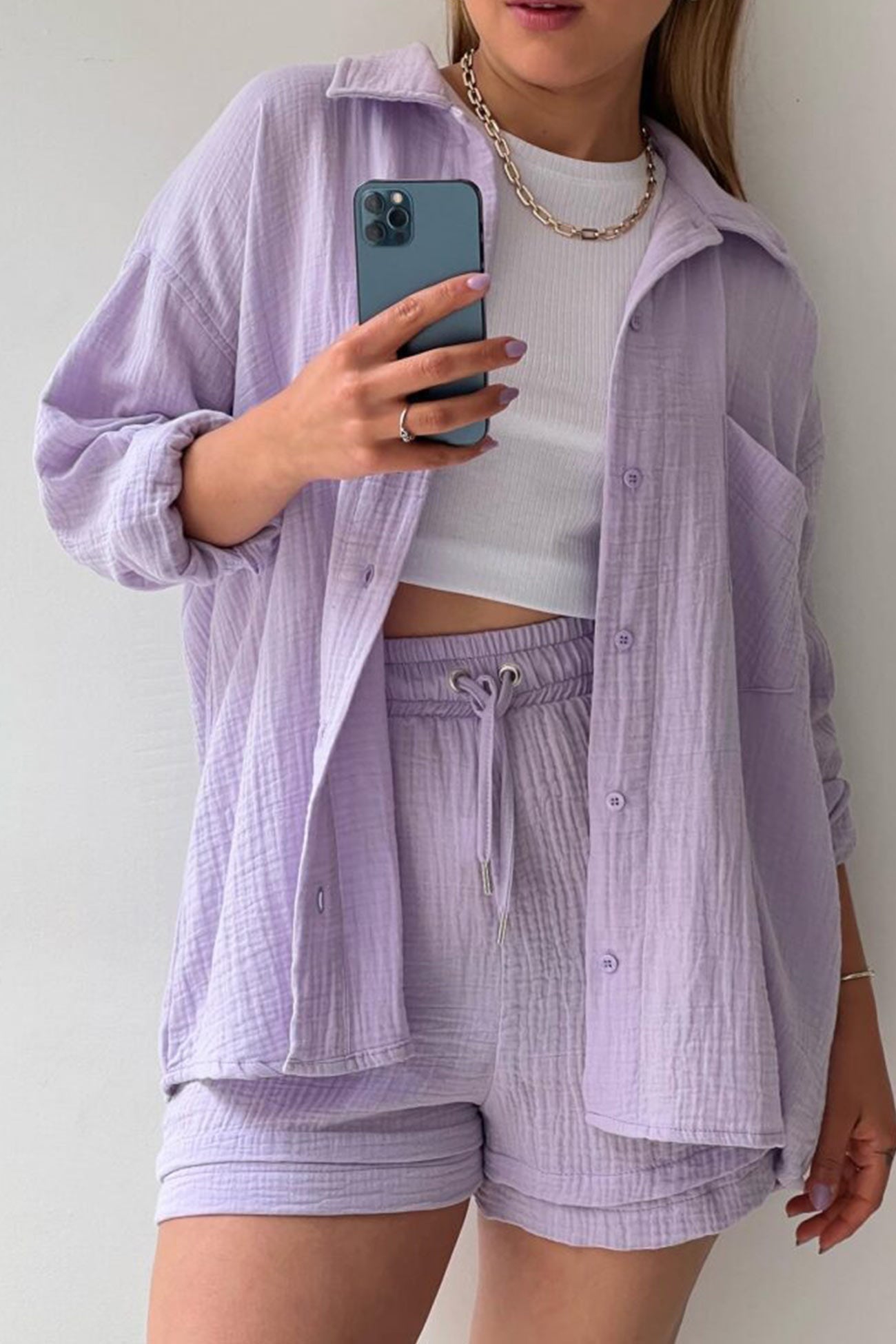 Zomer Short Set Lange Mouwen Shirt Voor Dames