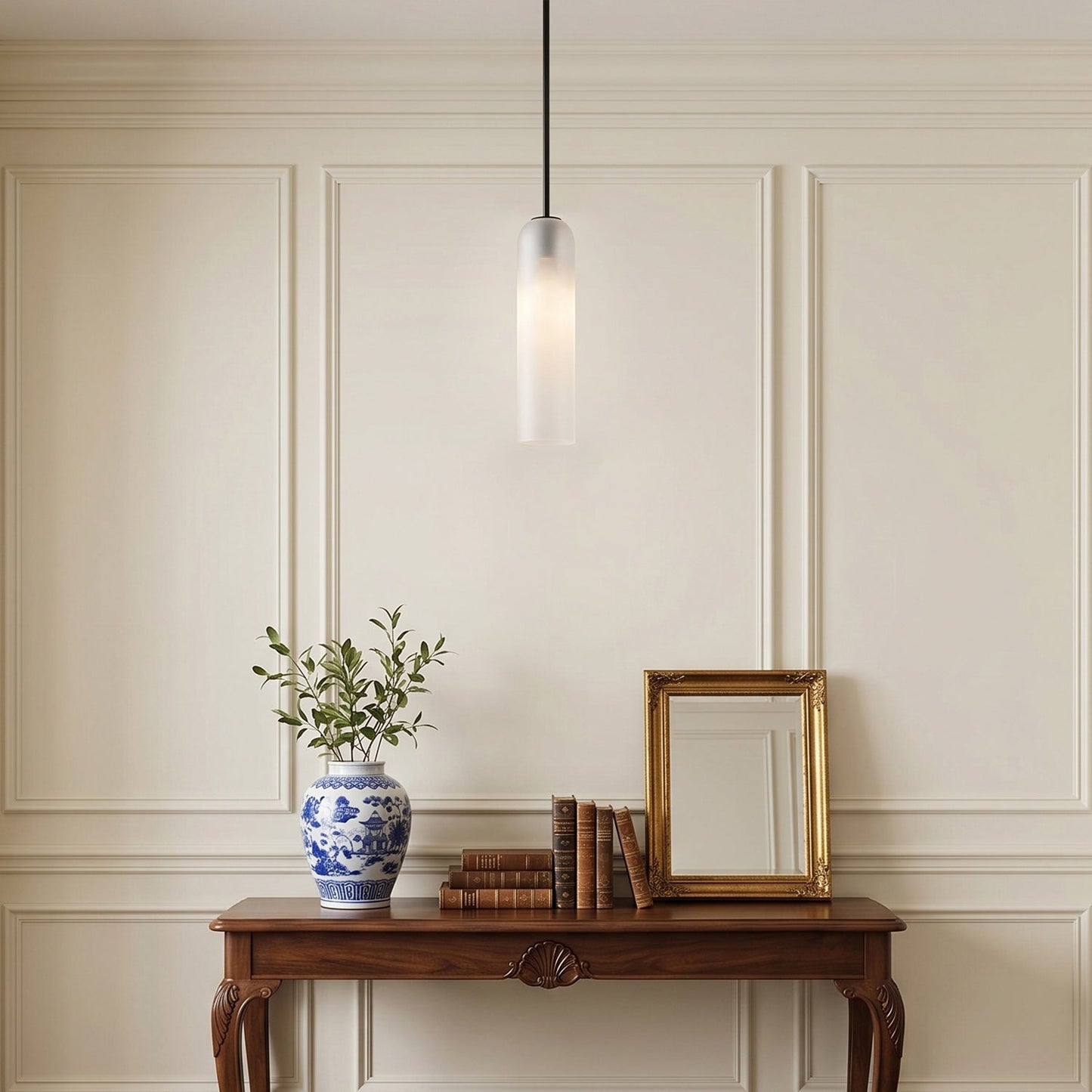 Glazen Hanglamp met Lange Buis – Mondgeblazen Glas Zwart of Goud Finish 10cm Diameter